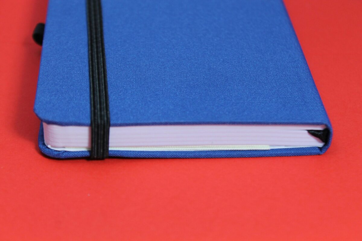 An image of a closed blue notebook